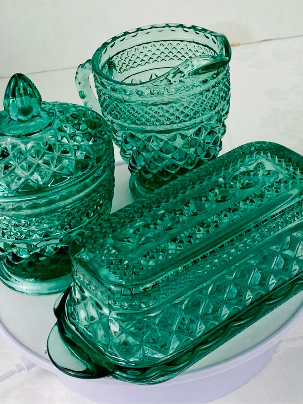 Set of 5 Pieces Anchor Hocking Wexford Pattern Butter Dish, Creamer, Sugar Bowl